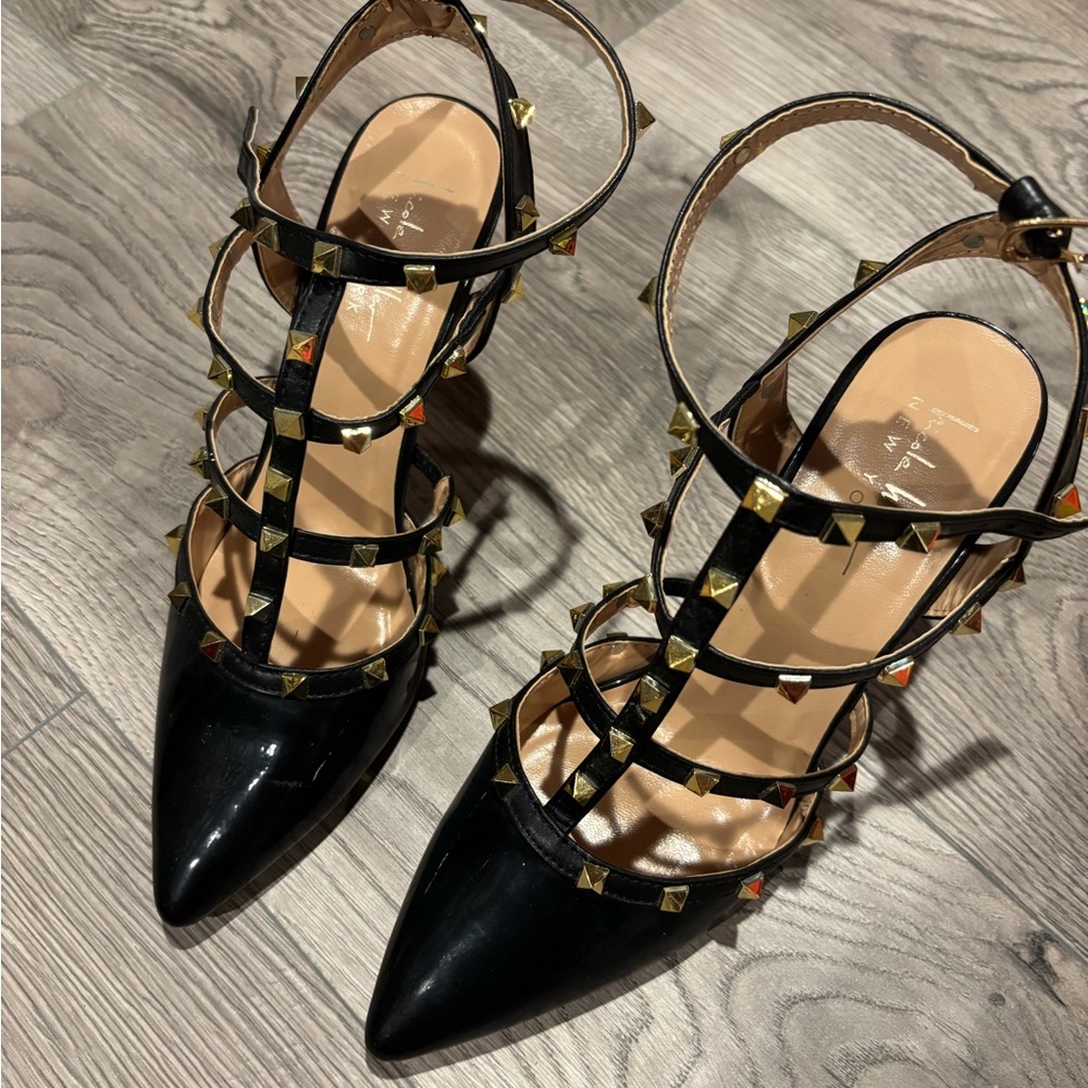Elegant Black and Gold Studded Heels